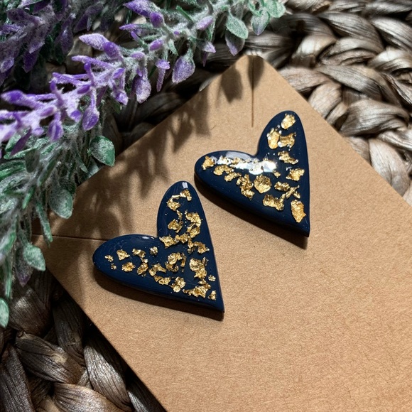Navy & Gold Clay & Resin Large Heart Earring Studs - Picture 3 of 9